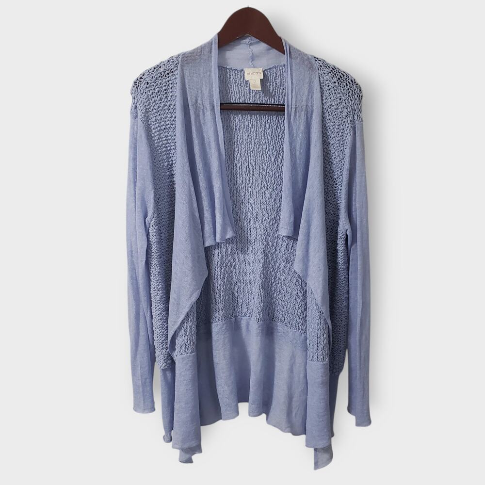 Chico's Periwinkle Blue Cotton & Linen Open Knit Mesh Cardigan Sz Large (2)